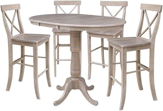 36" round Extension Dining Table with Four Bar Height Stools, Washed Gary Taupe