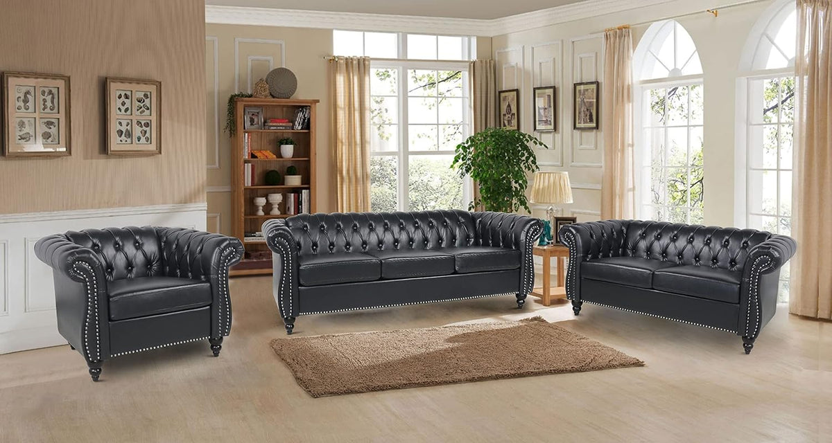 2 Pieces of Living Room Furniture Sofa Sets,Modern Contemporary Tufted Button Faux Leather Accent Club Chair&Chesterfield Loveseat Sofas Set with Nailhead Trim Scroll Arms for Home,Black