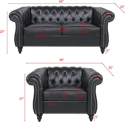 2 Pieces of Living Room Furniture Sofa Sets,Modern Contemporary Tufted Button Faux Leather Accent Club Chair&Chesterfield Loveseat Sofas Set with Nailhead Trim Scroll Arms for Home,Black