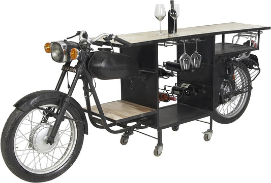 Deco 79 Metal Handmade One-Of-A-Kind Reclaimed Motorcycle Bar with Light up Headlights and Taillights, 105" X 18" X 38", Black