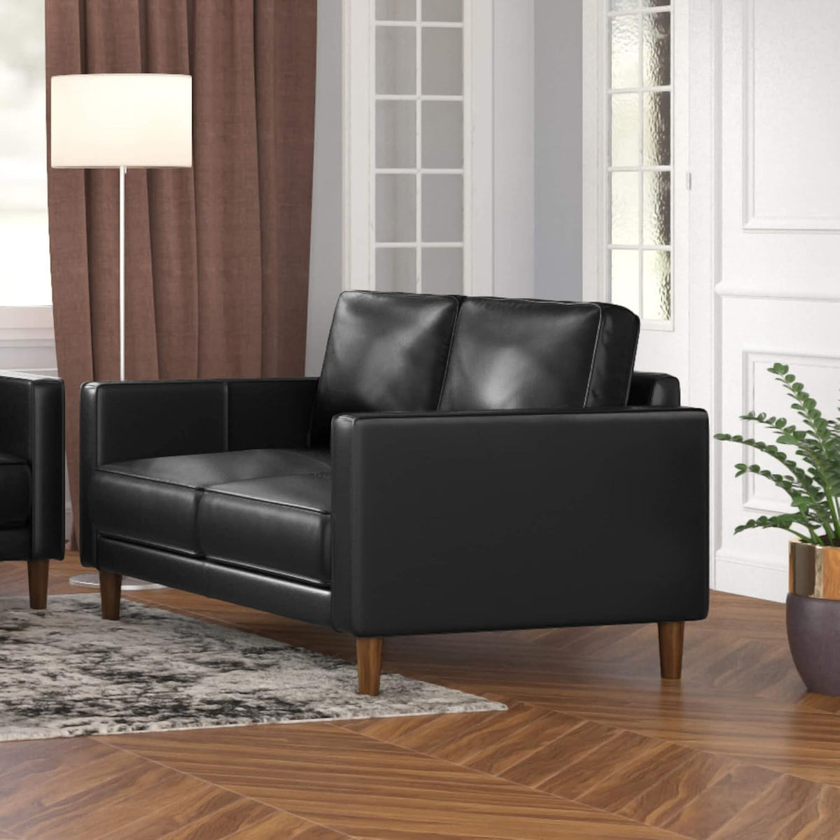 Prelude 55" Wide Black Top Grain Leather Mid Century Modern Small Couch Loveseat, Space Seating (SU-PR15070-80-200E)