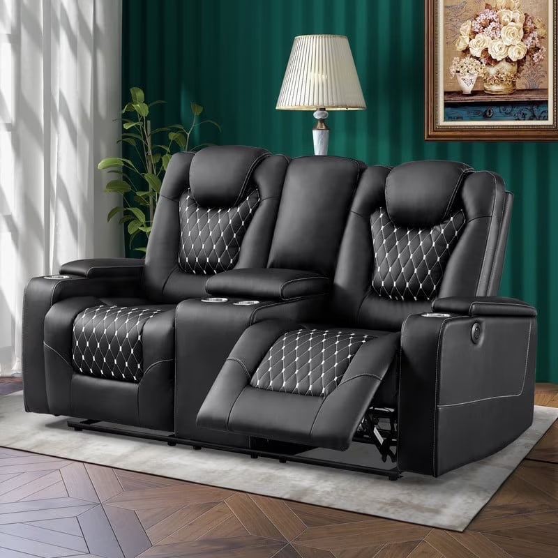 Electric Power Recliner Sofa Set Loveseat Theater Seating with Console Living Room Furniture Set, Cup Holders, Hidden Arm Storage, USB Ports, Black