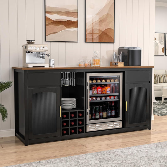 78.7" Home Bar Cabinet with Fridge Space, Fluted Wine Liquor Bar,Black