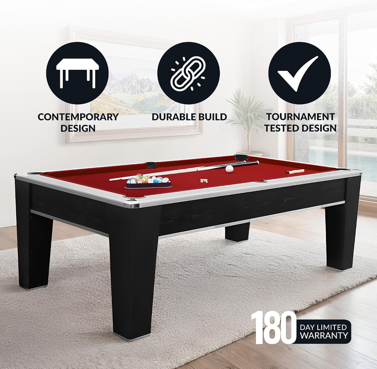 Mirage 7.5Ft Pool Table for Game Room – Billiard Table with Poly-Coated Non-Slate Playfield, Drop Pockets & Leg Levelers – Includes Cues, Pool Balls, Triangle & Brush – Black & Silver