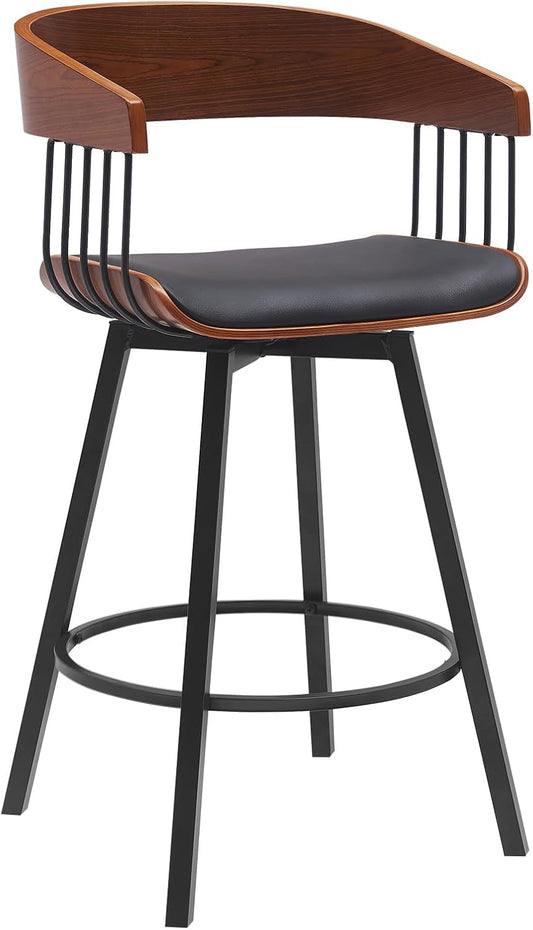 Athena 27" Seat Height Mid Century Modern Swivel Walnut Wood Bar Stool for Kitchen Island Counter in Black Faux Leather with Black Metal