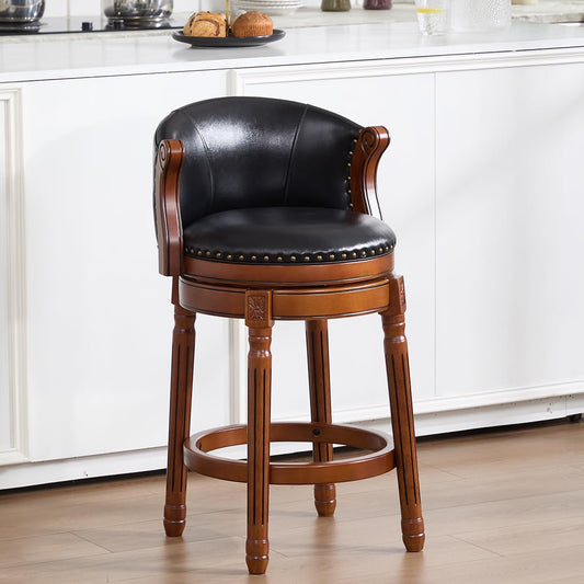 Cow Top Wooden Bar Stools with Backrest, 360 Degree Swivel Counter Height Bar Stools, Upholstered Solid Wood Rustic Farmhouse Bar Chairs for Kitchen Island Home Bar Dining, New Black 29.5"
