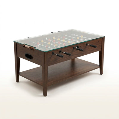 Foosball Coffee Table Designed for Game Room Living, Glass Top, Wood Veneer, Accessories Included