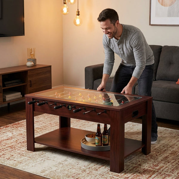 Foosball Coffee Table Designed for Game Room Living, Glass Top, Wood Veneer, Accessories Included