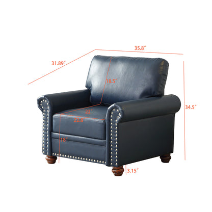 Single Seat Sofa Chair Club Chair with Wood Legs, Faux Leather Accent Chair for Living Room, Office, Navy Blue
