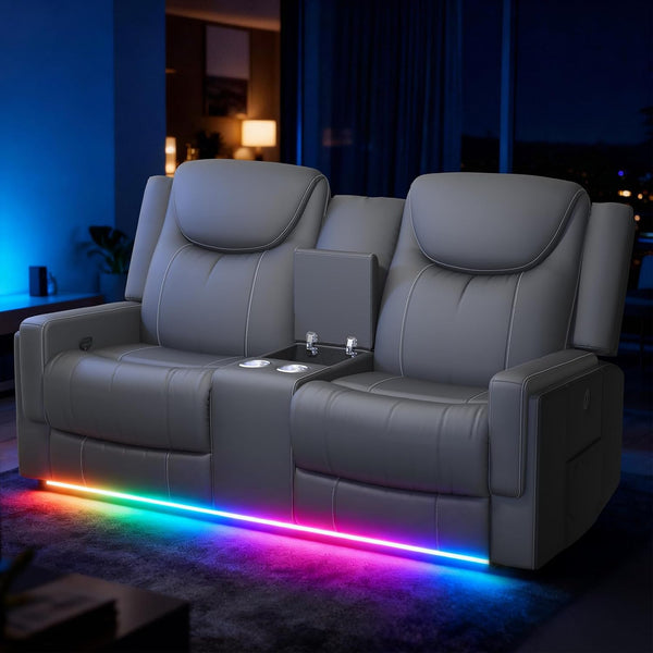 Manual Loveseat Recliner Sofa, Home Theater Seating with PU Gray Leather, Console with Cup Holders & Storage, USB Ports, 2 Seater Reclining Couch for Living Room, RV, Home Theater