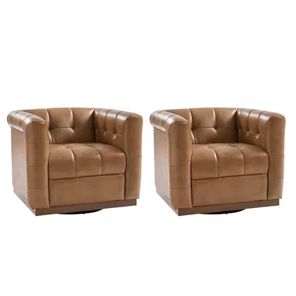 Gunther Camel Genuine Leather Swivel Club Chair (Set of 2) with Wooden Apron