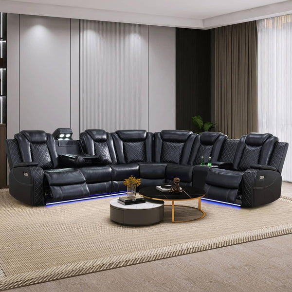 Black Leather Power Reclining Sectional Sofa,Sectional Couch with Recliner,L Shaped Recliner Sofa with LED Light/Read Lamp/Storage Console/Usb Port for Living Room/Home Theater/Apartment