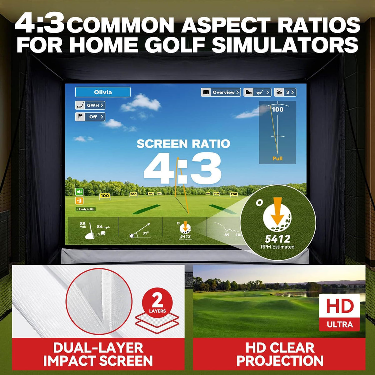 Golf Simulator Enclosure & Golf Net with Dual-Layer HD Screen