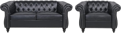 2 Pieces of Living Room Furniture Sofa Sets,Modern Contemporary Tufted Button Faux Leather Accent Club Chair&Chesterfield Loveseat Sofas Set with Nailhead Trim Scroll Arms for Home,Black