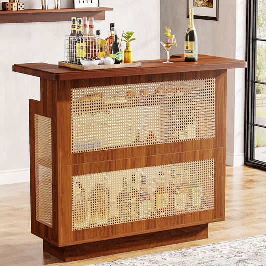 Rattan Home Bar Unit, Farmhouse 4-Tier Bar Table with 4 Stemware Racks and Heightened Base, Liquor Wine Bar Cabinet Mini Bar Table for Home Pub, Caramel Brown