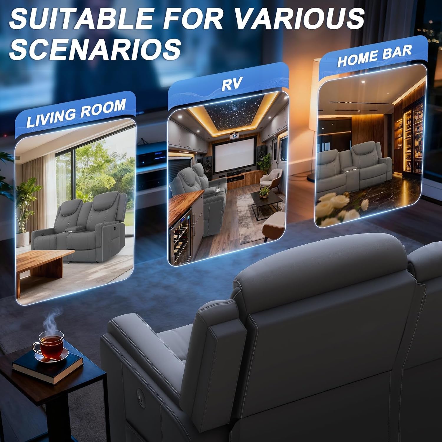 Manual Loveseat Recliner Sofa, Home Theater Seating with PU Gray Leather, Console with Cup Holders & Storage, USB Ports, 2 Seater Reclining Couch for Living Room, RV, Home Theater