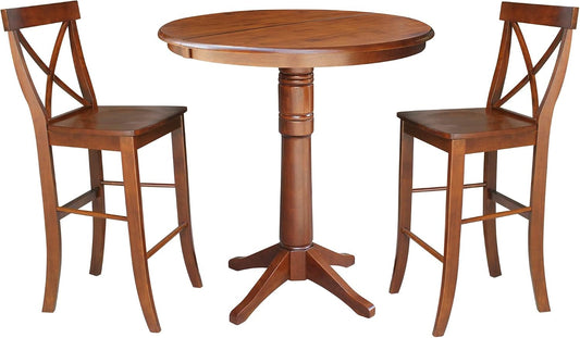 36" round Extension Dining Table 40.9" H with 2 X-Back Bar Height Stools