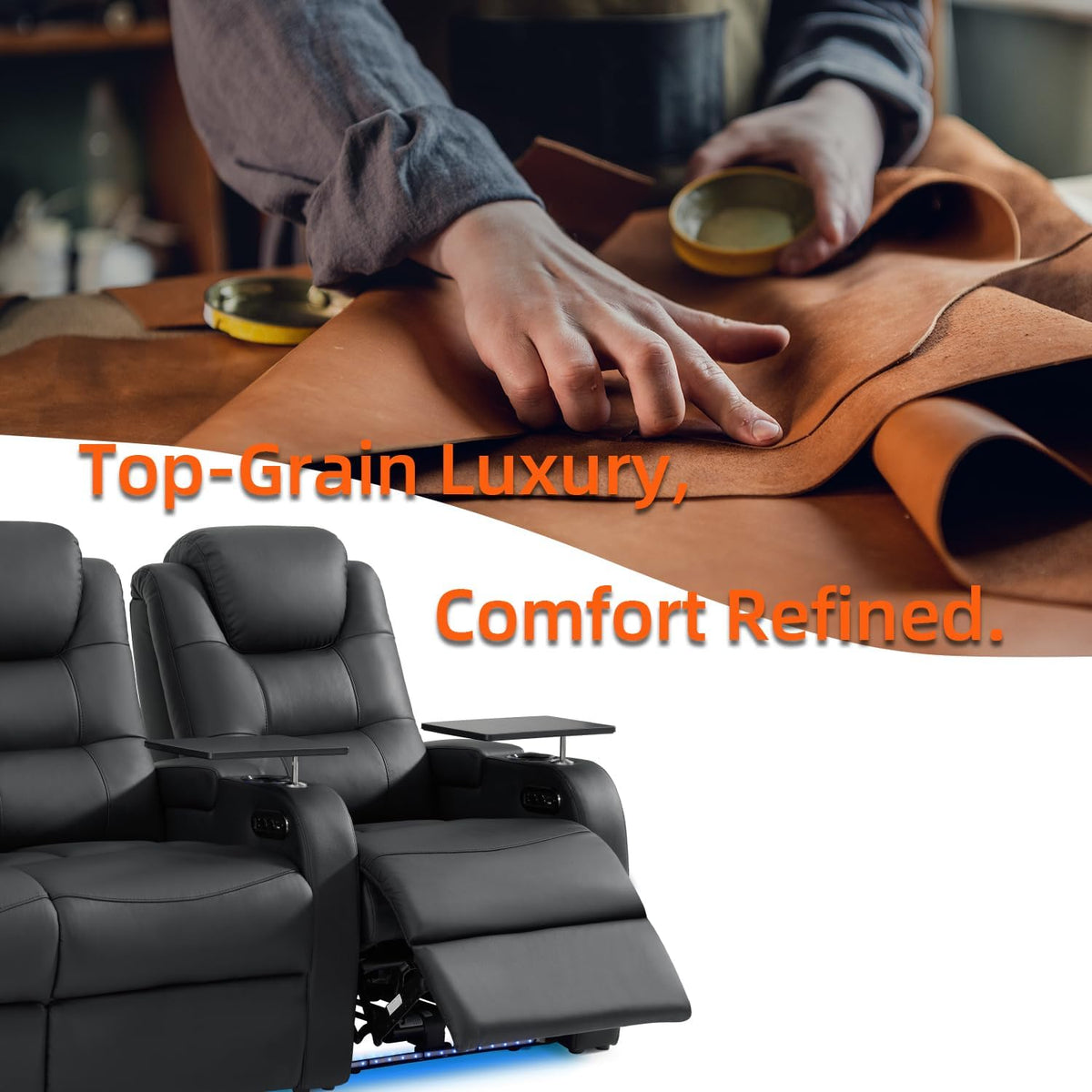 Home Theater Seating, Top-Grain Leather Power Recliner Chair