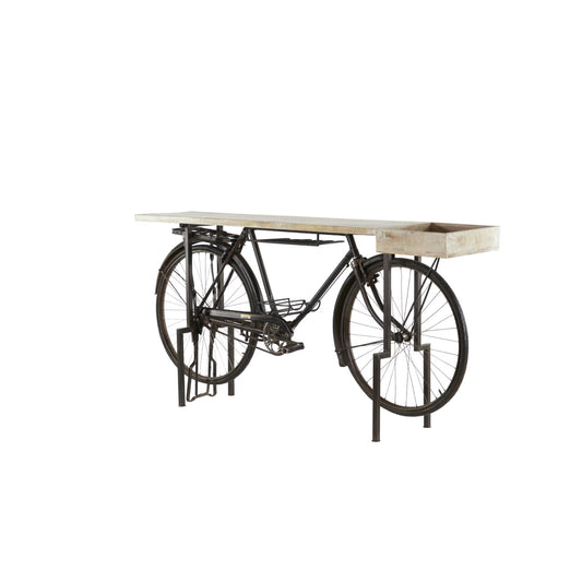 Rustic Metal Black Bicycle Console Table with Brown Wood Tabletop, 76"W X 37"H