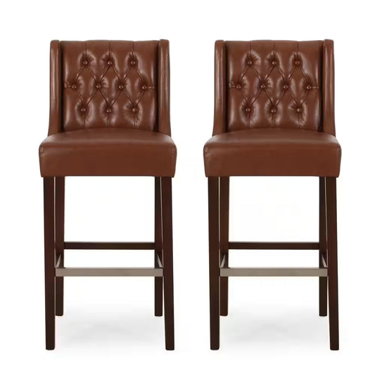 Bayliss 44.25 In. Cognac Brown High Back Wood Bar Height Foot Rest Bar Stool with Faux Leather Seat (Set of 2)