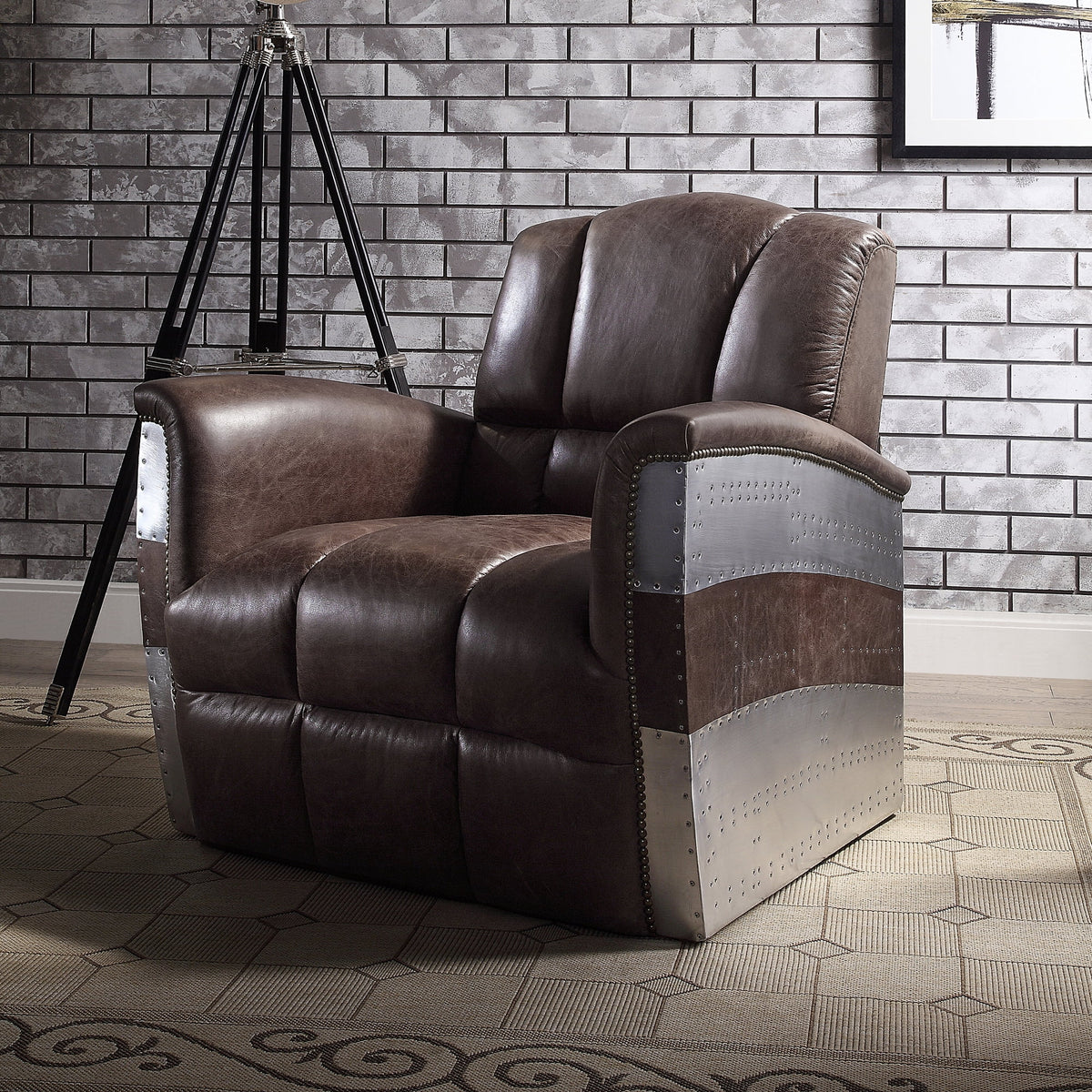 ACME Brancaster Tufted Accent Chair in Retro Brown and Aluminum