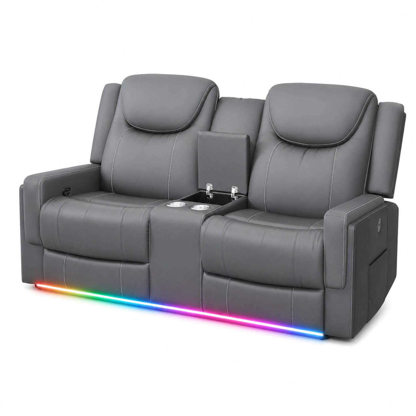 Manual Loveseat Recliner Sofa, Home Theater Seating with PU Gray Leather, Console with Cup Holders & Storage, USB Ports, 2 Seater Reclining Couch for Living Room, RV, Home Theater
