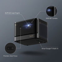 DBOX02 4K Laser Projector for Home Theater, Google TV, Auto Focus, Smart Home Cinema — infographic