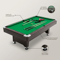 Pool Table Built for Consistent Gameplay, Automatic Ball Return, Adjustable Legs, Complete Accessory Set — infographic