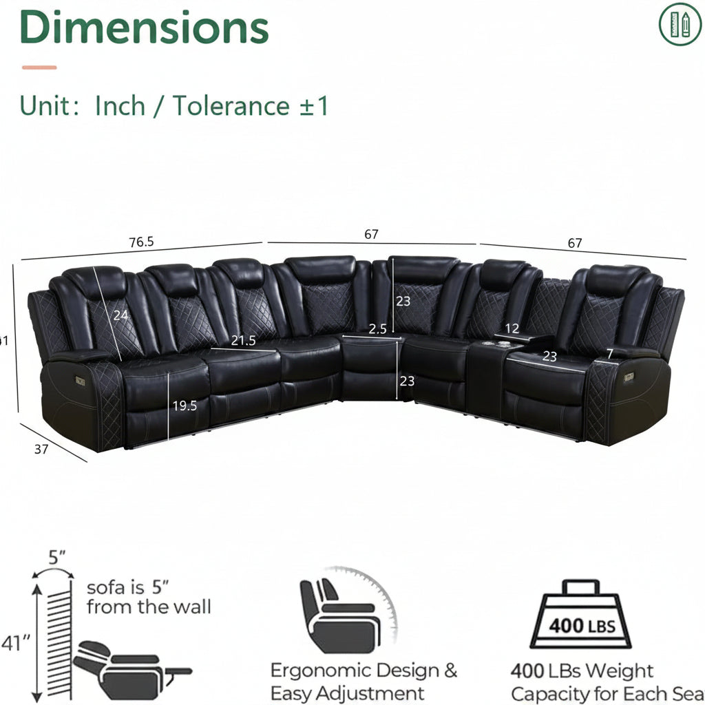 Black Leather Power Reclining Sectional Sofa,Sectional Couch with Recliner,L Shaped Recliner Sofa with LED Light/Read Lamp/Storage Console/Usb Port for Living Room/Home Theater/Apartment