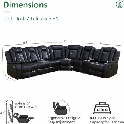 Black Leather Power Reclining Sectional Sofa,Sectional Couch with Recliner,L Shaped Recliner Sofa with LED Light/Read Lamp/Storage Console/Usb Port for Living Room/Home Theater/Apartment