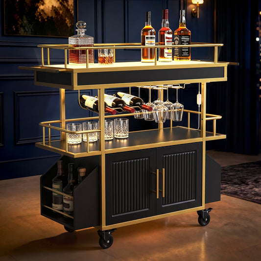 LED Bar Cart with Cabinet Storage, Rolling Drink Cart with Wheels