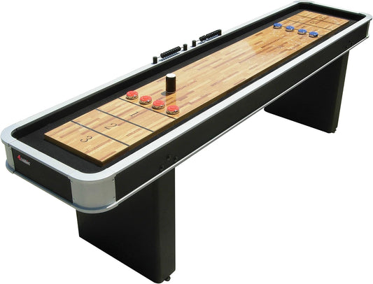 9’ LED Shuffleboard Tables with Poly-Coated Playing Surface for Smooth, Fast Puck Action and Pedestal Legs with Levelers for Optimum Stability and Level Play