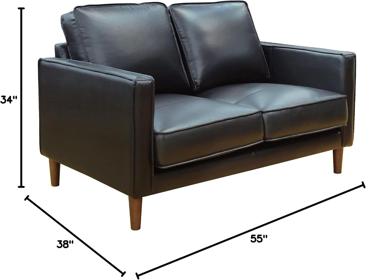 Prelude 55" Wide Black Top Grain Leather Mid Century Modern Small Couch Loveseat, Space Seating (SU-PR15070-80-200E)
