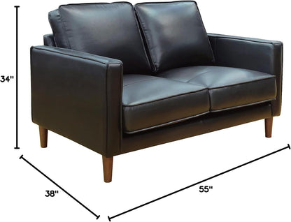 Prelude 55" Wide Black Top Grain Leather Mid Century Modern Small Couch Loveseat, Space Seating (SU-PR15070-80-200E)