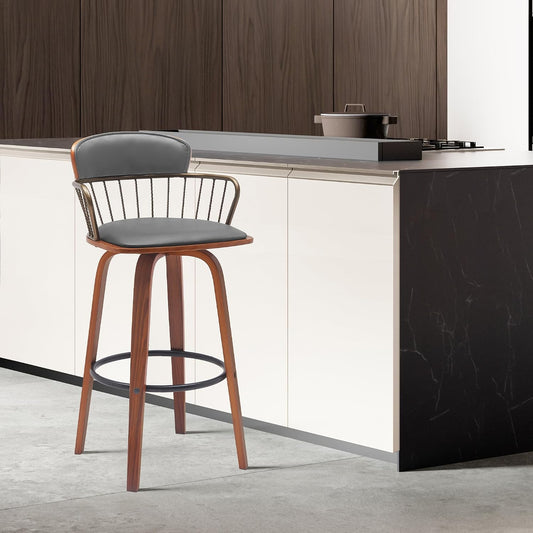 Willow 25.5" Swivel Walnut Wood Counter Stool in Gray Faux Leather with Golden Bronze Metal - Set of 2