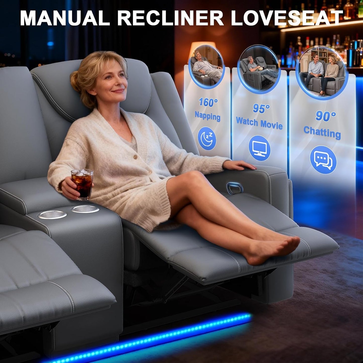 Manual Loveseat Recliner Sofa, Home Theater Seating with PU Gray Leather, Console with Cup Holders & Storage, USB Ports, 2 Seater Reclining Couch for Living Room, RV, Home Theater