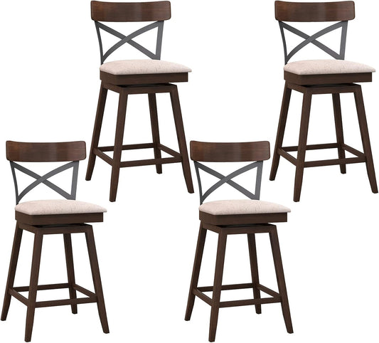 Bar Stool Set of 4, 25 Inch Swivel Ergonomic Counter Height Chairs with Cushioned Seat, Open X Back & Footrest, 4 PCS Wooden Barstools for Kitchen Island, Pub, Bistro, Café, Brown (4, 25 Inch)
