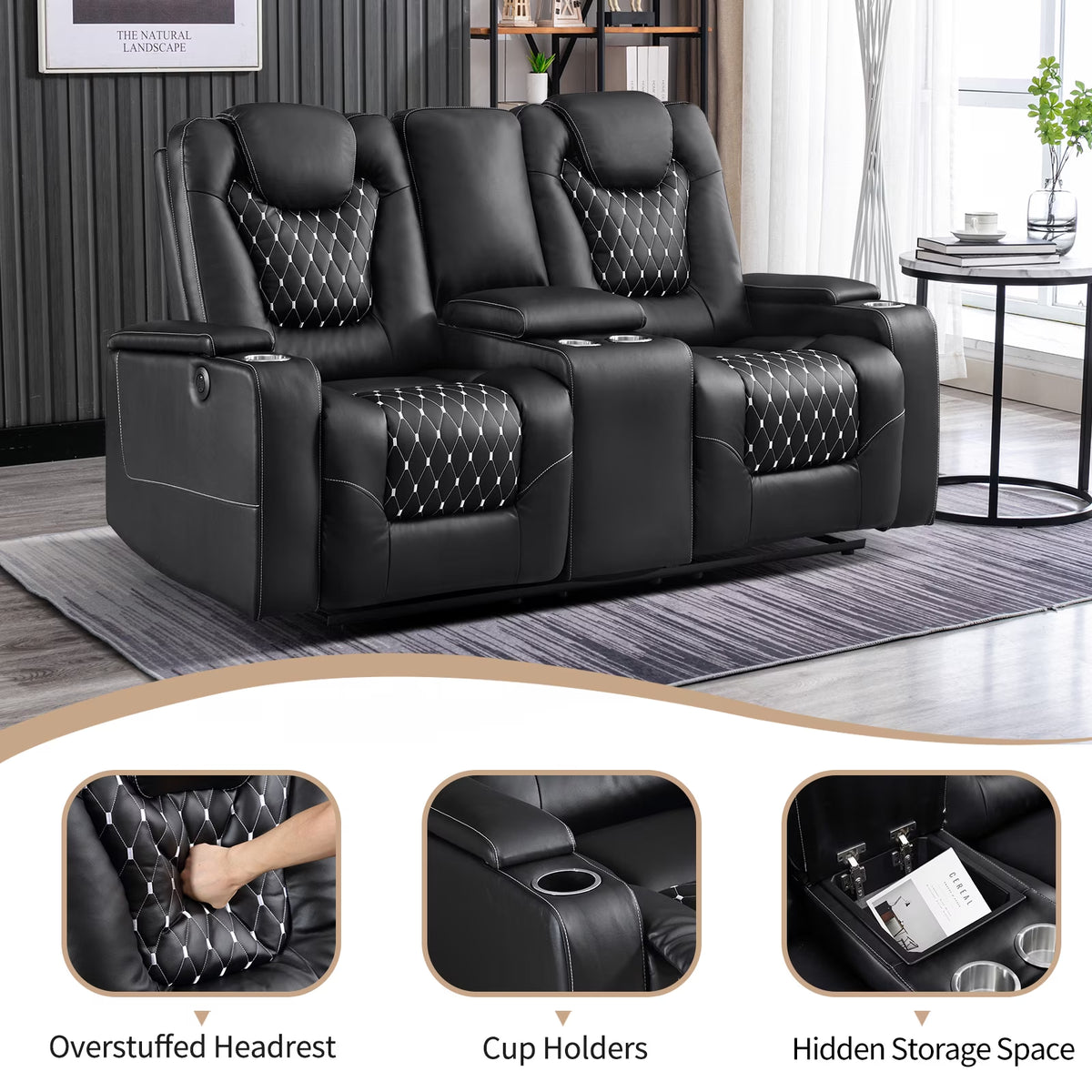 Electric Power Recliner Sofa Set Loveseat Theater Seating with Console Living Room Furniture Set, Cup Holders, Hidden Arm Storage, USB Ports, Black