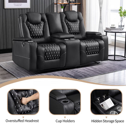 Electric Power Recliner Sofa Set Loveseat Theater Seating with Console Living Room Furniture Set, Cup Holders, Hidden Arm Storage, USB Ports, Black