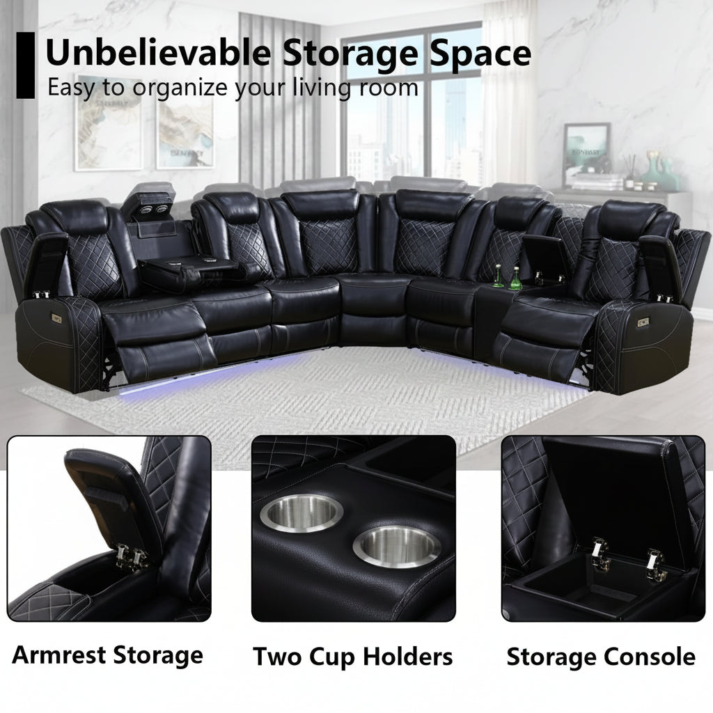 Black Leather Power Reclining Sectional Sofa,Sectional Couch with Recliner,L Shaped Recliner Sofa with LED Light/Read Lamp/Storage Console/Usb Port for Living Room/Home Theater/Apartment
