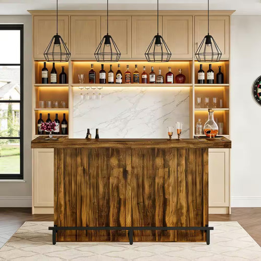 Kearsten 43.31 In. H Rustic Brown Rectangle Bar Table Seats 4 with 4-Tier Storage Wine Glass Rack and Footrest