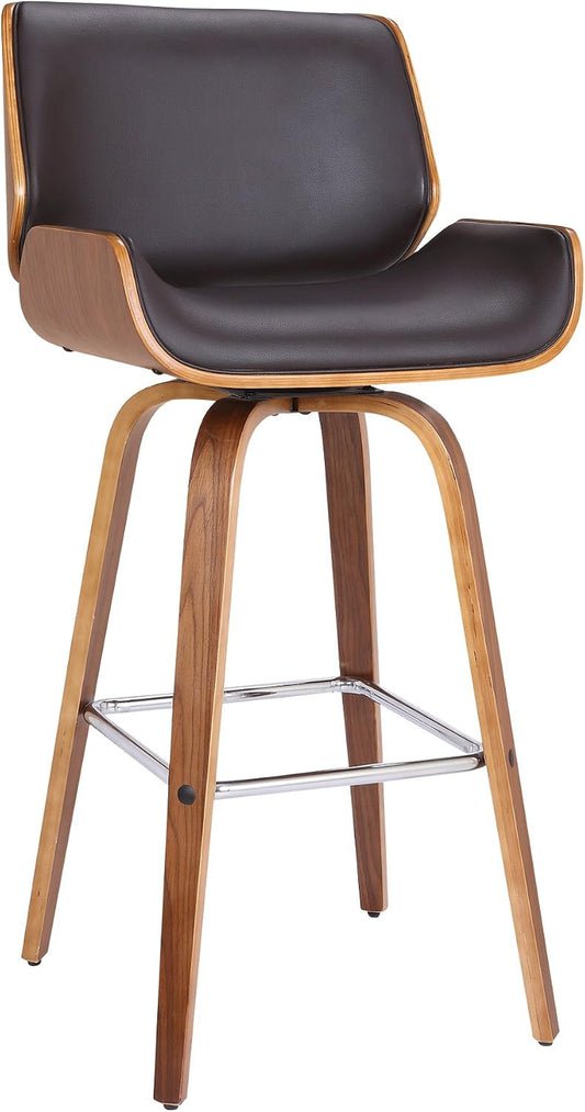 Tyler 30" Bar Height Swivel Brown Faux Leather and Walnut Wood Bar Stool