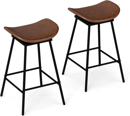 Swivel Saddle Stools, Faux Leather Backless Bar Stools with Padded Saddle Seat and Footrest, Adjustable Foot Pads, Modern Counter Chairs for Kitchen Island Dining Room (Set of 2,Brown+Black)