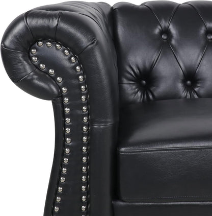 2 Pieces of Living Room Furniture Sofa Sets,Modern Contemporary Tufted Button Faux Leather Accent Club Chair&Chesterfield Loveseat Sofas Set with Nailhead Trim Scroll Arms for Home,Black