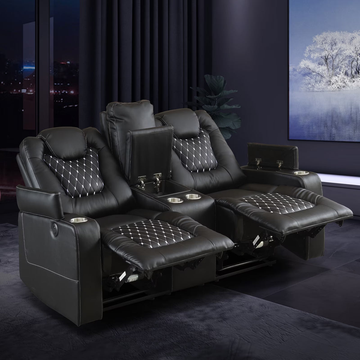 Electric Power Recliner Sofa Set Loveseat Theater Seating with Console Living Room Furniture Set, Cup Holders, Hidden Arm Storage, USB Ports, Black