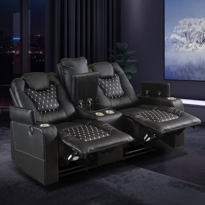 Electric Power Recliner Sofa Set Loveseat Theater Seating with Console Living Room Furniture Set, Cup Holders, Hidden Arm Storage, USB Ports, Black