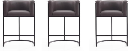 Cosmopolitan 26 Inch Mid Century Modern Counter Height Bar Stools | Faux Leather Upholstery, Thick Foam Padding, Metal Base with Footrest, Fully Assembled Barstools, Set of 3, Pebble