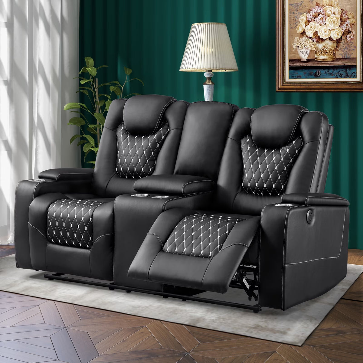 Electric Power Recliner Sofa Set Loveseat Theater Seating with Console Living Room Furniture Set, Cup Holders, Hidden Arm Storage, USB Ports, Black