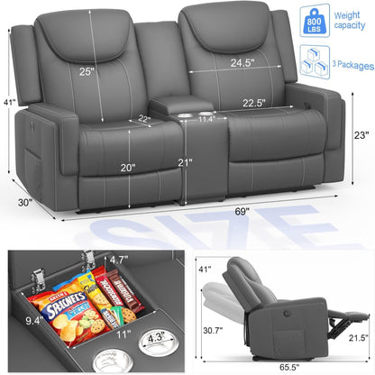 Manual Loveseat Recliner Sofa, Home Theater Seating with PU Gray Leather, Console with Cup Holders & Storage, USB Ports, 2 Seater Reclining Couch for Living Room, RV, Home Theater