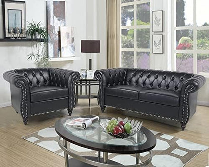 2 Pieces of Living Room Furniture Sofa Sets,Modern Contemporary Tufted Button Faux Leather Accent Club Chair&Chesterfield Loveseat Sofas Set with Nailhead Trim Scroll Arms for Home,Black